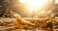 Dynamic golden water splash with sunlight creating dramatic waves and droplets against warm glowing background for beverage advertising and summer campaigns.