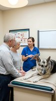 Veterinarian in blue scrubs consulting with senior couple about their dog during examination at animal clinic with medical charts on wall.