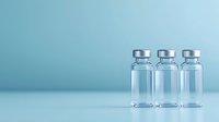 Medical glass vials with aluminum caps on light blue background. Clean minimalist pharmaceutical composition with copy space for vaccine and medicine design.