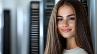 Young woman with long straight brown hair and natural makeup smiling confidently against blurred background, showcasing modern beauty and wellness lifestyle.