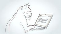 Cat using laptop computer for online work or study in minimalist line art style on light background for modern digital lifestyle concepts.
