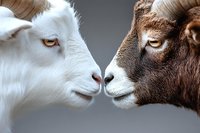 White and brown goats facing each other in close-up portrait against gray background, showing detailed facial features and expressive amber eyes.