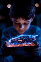 Young boy holding glowing holographic sports car projection in dark room, magical light particles creating futuristic automotive visualization effect in blue tones.