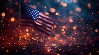 American flag waving against dark sky with glowing orange bokeh lights creating magical patriotic atmosphere for Independence Day celebration background.