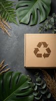 Eco-friendly cardboard box with recycling symbol surrounded by tropical monstera leaves, fern, eucalyptus and wheat on dark slate background for sustainable packaging.