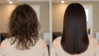 Hair transformation before and after keratin treatment showing frizzy curly hair becoming smooth straight sleek brunette locks at professional salon.