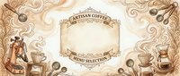 Vintage coffee shop background with ornate swirls, beans, grinder and brewing equipment in warm brown tones for cafe menu design and branding materials.