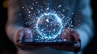 Glowing digital sphere hologram floating above smartphone screen with sparkles and particles, representing future technology and mobile innovation.