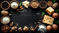 Baking ingredients arrangement on dark wooden background with flour, nuts, spices, eggs, cheese and butter creating decorative border frame.