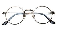 Round metal frame eyeglasses with clear lenses on white background, classic vintage style optical glasses isolated for design and commercial use.