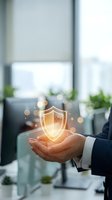 Businessman holding glowing shield icon with digital grid pattern, representing cybersecurity, data protection, and network security solutions for corporate business applications.