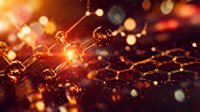 Abstract molecular structure with glowing connections and golden light effects for science technology and research concepts.