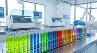 Laboratory scientist in protective gloves conducting chemical analysis with colorful test tubes in modern research facility for scientific experiments.