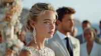 Young blonde woman with elegant earrings at outdoor wedding ceremony, with groom and guests in background against coastal setting.