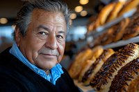 Senior Hispanic man with gray hair and friendly smile wearing blue scarf and dark jacket standing near display of fresh artisan bread loaves in bakery.