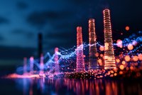 Illuminated industrial chimneys with glowing red lights and blue electric sparks reflecting on water surface at night, creating magical urban landscape atmosphere.