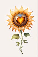 Whimsical sunflower illustration with heart-shaped center in golden orange tones, perfect for greeting cards, romantic designs, and nature-inspired artwork on light background.