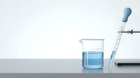 Medical laboratory equipment with beaker containing blue liquid and syringe on white background, suitable for healthcare, science, and pharmaceutical design projects.