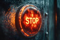 Glowing red stop light button with water droplets on glass surface creates dramatic atmosphere against dark industrial background.