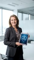 Smiling Caucasian businesswoman in gray blazer holding tablet with sponsor shield logo in modern office, corporate partnership concept.