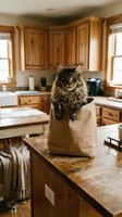 Tabby cat sitting in paper bag on kitchen counter with wooden cabinets and windows in background, domestic pet indoors.