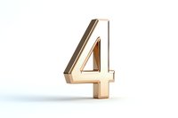 Metallic gold number 4 isolated on white background with soft shadow, glossy dimensional numeral for design, typography and counting concepts.