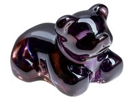 Purple glass bear figurine with smooth glossy surface and rounded features on white background, isolated decorative collectible art object for home decor.