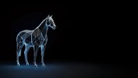 Futuristic wireframe horse with glowing blue lines on dark background. Digital technology concept for modern design projects and tech presentations.