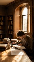 Young male student studying in traditional library with wooden shelves and arched window, warm sunlight illuminating desk with books and papers for academic research.