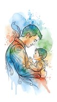 Watercolor mother holding baby with decorative swirls, tender maternal bond in rainbow hues for family designs and greeting cards.