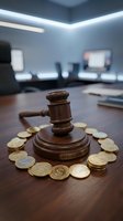 Wooden gavel surrounded by golden coins on desk in modern law office representing legal fees, financial litigation, and judicial system costs.