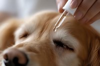 Caucasian hand holding dropper with liquid serum above golden retriever dog's head for veterinary treatment, pet care, or wellness supplement application.