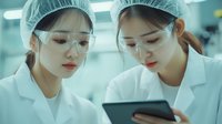 Young Asian female scientists in protective workwear analyzing data on tablet in modern laboratory. Medical research team reviewing test results in clinical setting.