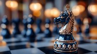 Ornate chess knight piece with detailed carved design stands prominently on chessboard with warm bokeh lighting creating strategic game atmosphere.