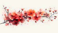 Delicate coral and pink cherry blossoms branch watercolor composition on white background, flowing from left to right with subtle ink details and soft petals.
