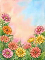 Watercolor gerbera daisies in pink, orange and yellow frame a soft pastel sky background, perfect for greeting cards and wall art.