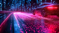 Abstract digital particle wave with glowing neon pink and blue lights creating dynamic flowing motion against dark background for technology concepts.