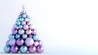 Minimalist Christmas tree made of shiny pastel blue and purple baubles arranged in pyramid shape on white background, modern festive decoration.