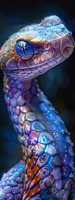 Iridescent snake with vibrant blue eye and colorful scales glowing against dark background, creating mystical wildlife art effect.