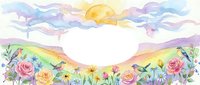 Watercolor floral border with colorful sky background featuring roses, daisies and wildflowers in pastel rainbow hues for spring design projects.