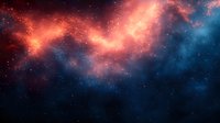 Vibrant cosmic nebula with glowing orange and red clouds against deep blue space background, illuminated by distant stars and cosmic dust formations.