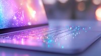 Illuminated laptop keyboard with vibrant purple and pink bokeh lights creating magical atmosphere. Close-up view shows reflective surface and glowing keys.