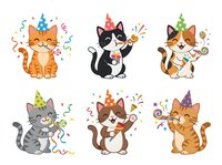 Cute cats wearing colorful party hats surrounded by confetti and streamers, celebrating birthdays and festive occasions. Isolated clipart for greeting cards and designs.