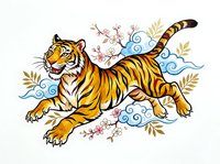 Striped tiger leaping with decorative floral and wave elements in watercolor style, isolated on white background for design projects, apparel printing, and clipart applications.