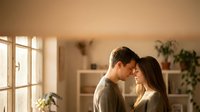 Young couple sharing intimate moment in sunlit modern home interior with warm golden light streaming through windows creating romantic atmosphere.