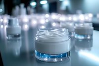 Luxury white cosmetic cream jar with blue glow effect on glass surface against blurred background of skincare products in spa setting. Professional beauty treatment.