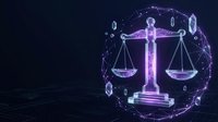 Digital justice scales with glowing purple neon lights and binary code circle on dark background for legal technology and cyber law concepts.