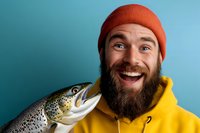 Cheerful bearded Caucasian man in orange beanie and yellow hoodie holding decorative fish prop, expressing excitement against turquoise background.