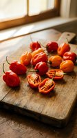 Fresh habanero peppers on wooden cutting board in warm kitchen light, some sliced showing seeds and interior for cooking and spicy food preparation.