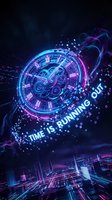 Futuristic neon glowing clock with gears and text Time Is Running Out floating over a digital city in blue and purple light.